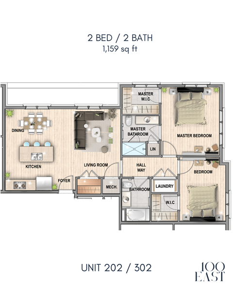 A floor plan of a 1,159 sq ft apartment with two bedrooms and two bathrooms.